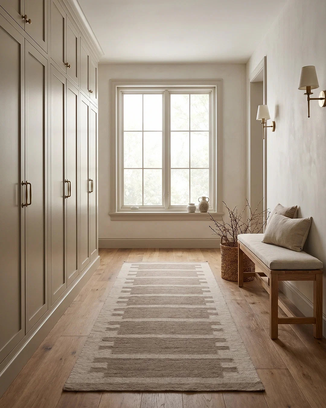 Gångmatta Falsterbo Beige handvävd i ull med grafiskt blockmönster, placerad i en ljus hall med träpanel, bänk och varm träparkett.