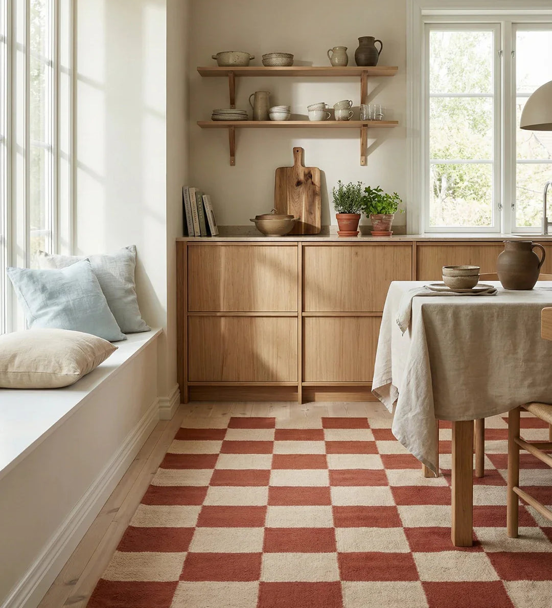Handvävd ullmatta Squares i grå och beige nyans med rutmönster, placerad under ett matbord i ett ljust kök med trädetaljer och stora fönster.