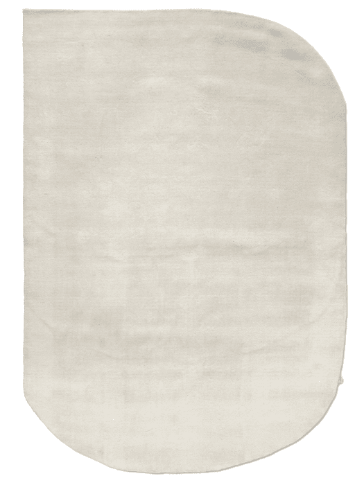 Moderner Teppich in Beige mit asymmetrischer, abgerundeter Form, minimalistisches Design.