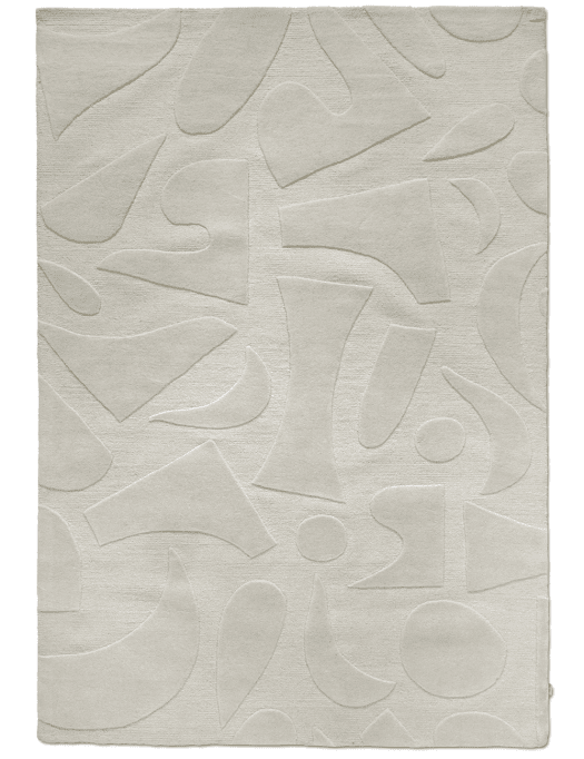 Beiger Wohnzimmerteppich mit modernem, strukturiertem Relief-Muster aus abstrakten, geometrischen Formen.