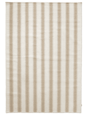 Rektangulär matta med beige och vitrandigt mönster i vävd bomull.
