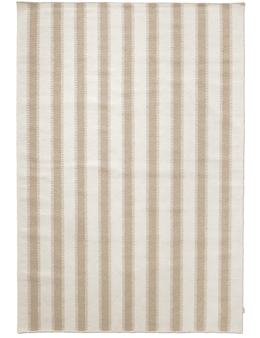 Rectangular area rug with vertical beige and off-white stripes in a soft, textured weave.