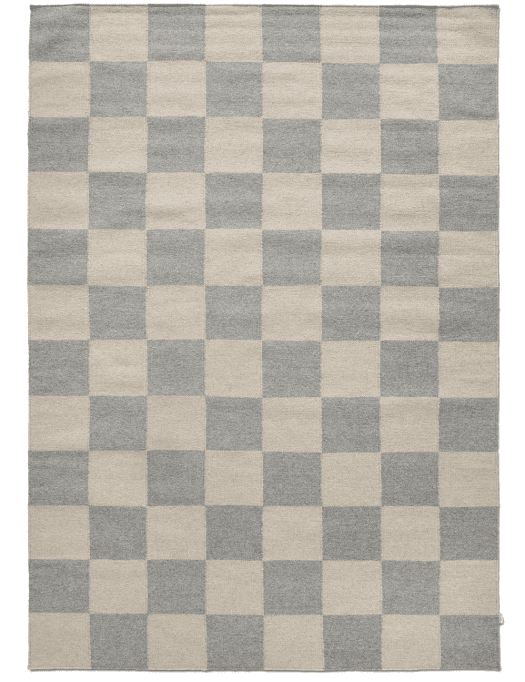 Rechteckiger Teppich mit modernem Schachbrettmuster in Grau und Beige.