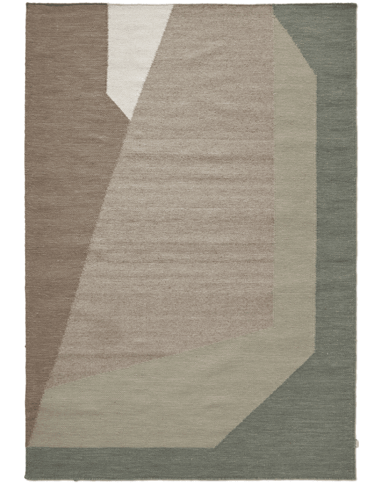 Moderner Webteppich mit geometrischem Muster in sanften Grau-, Beige- und Grüntönen, rechteckig.