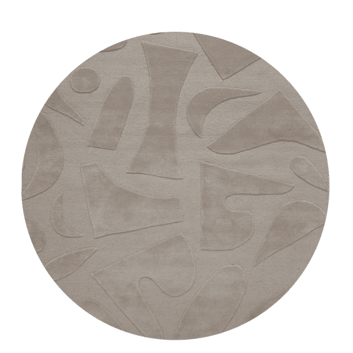 Runder Teppich in Beige mit modernem, abstraktem Reliefmuster aus geschnittenem Flor.