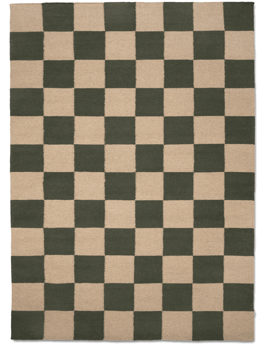 Rechteckiger Webteppich mit modernem Schachbrettmuster in Dunkelgrün und Beige.