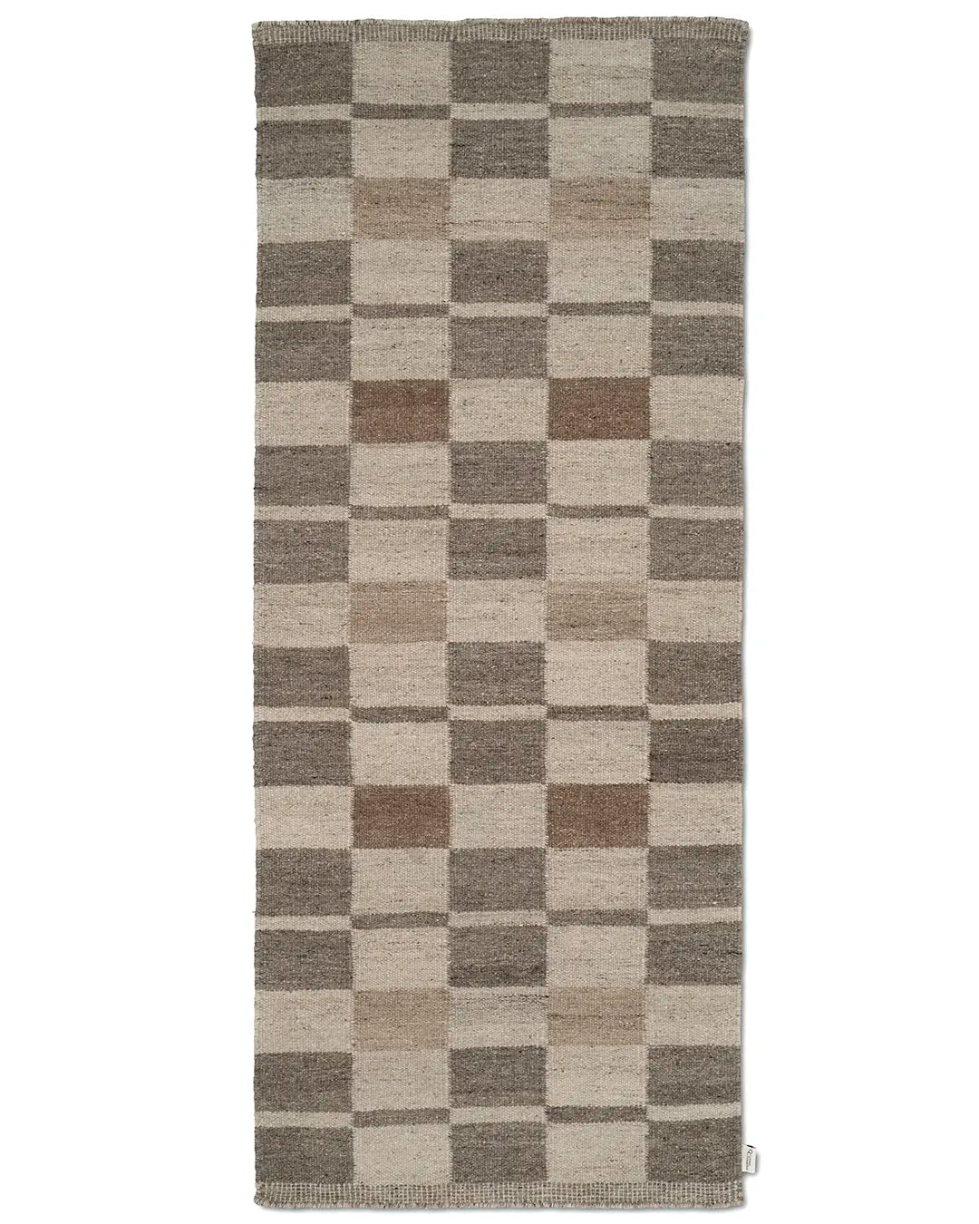 Rectangular area rug with a woven wool checkered pattern in neutral beige and dark brown tones.