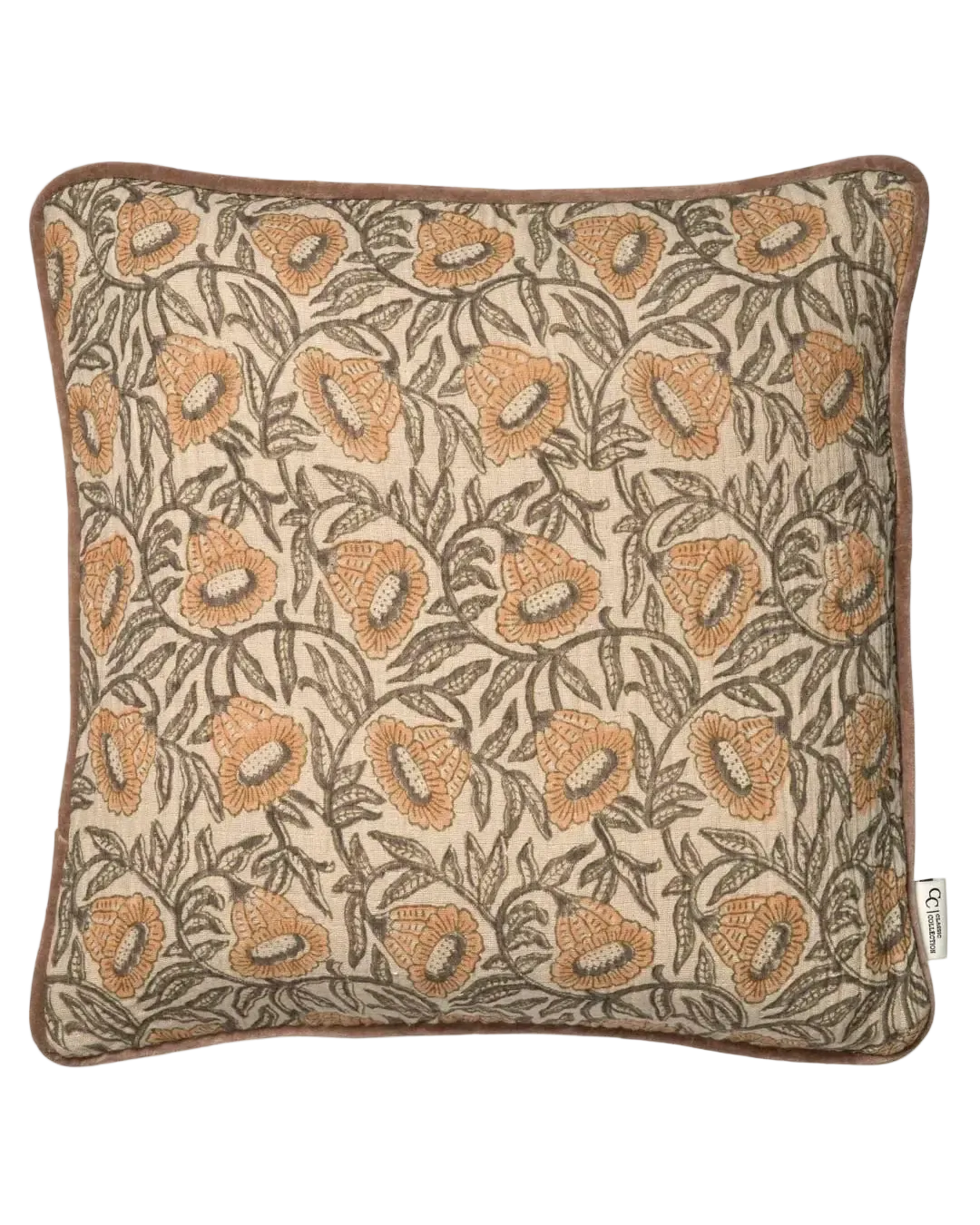 Kuddfodral Bell Yellow i handtryckt bomull med blommönster och pipingkant, frilagt mot vit bakgrund.