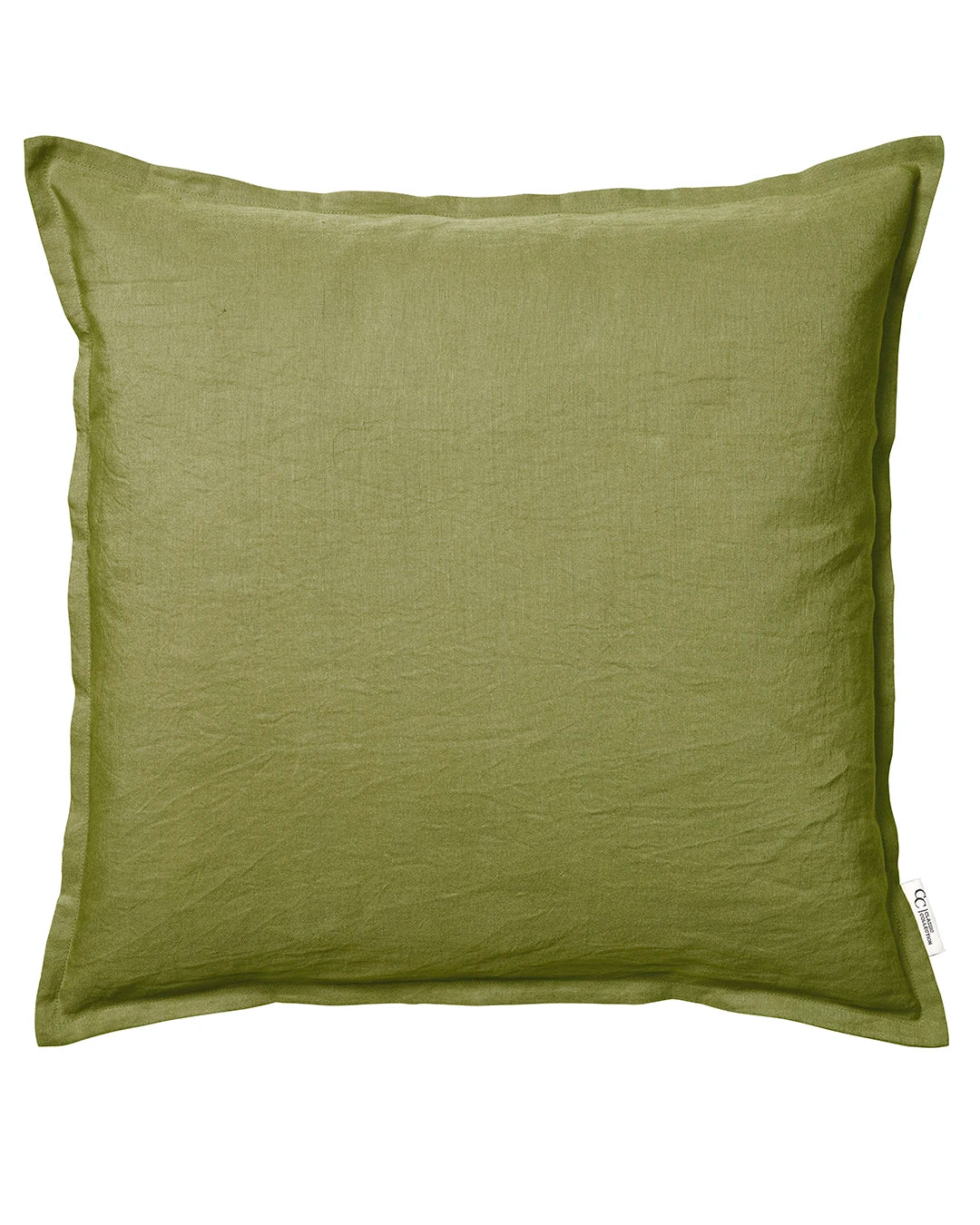Kvadratiskt kuddfodral i olivgrönt linne med dekorativ kant och märkesetikett från Classic Collection.