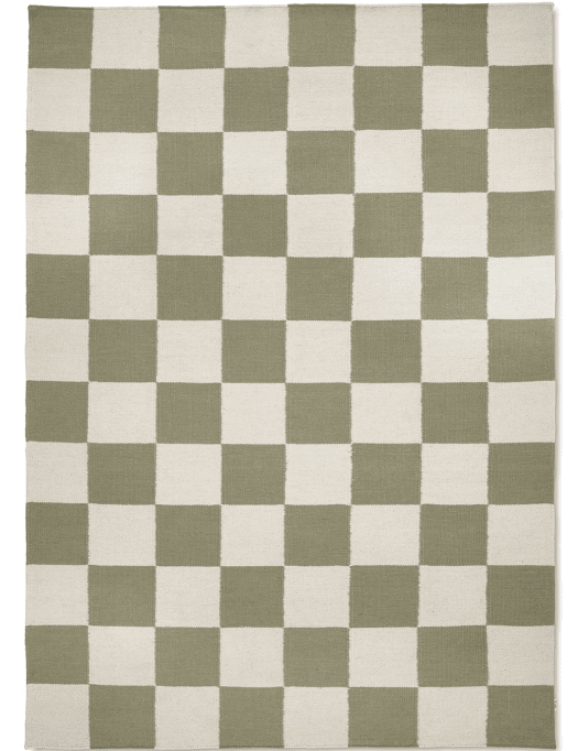 Rechteckiger Teppich mit modernem Schachbrettmuster in Salbeigrün und Creme.