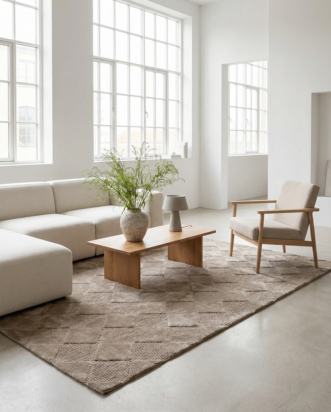 Beige patterned area rug with a geometric diamond texture in a modern, sunlit living room with neutral furniture.