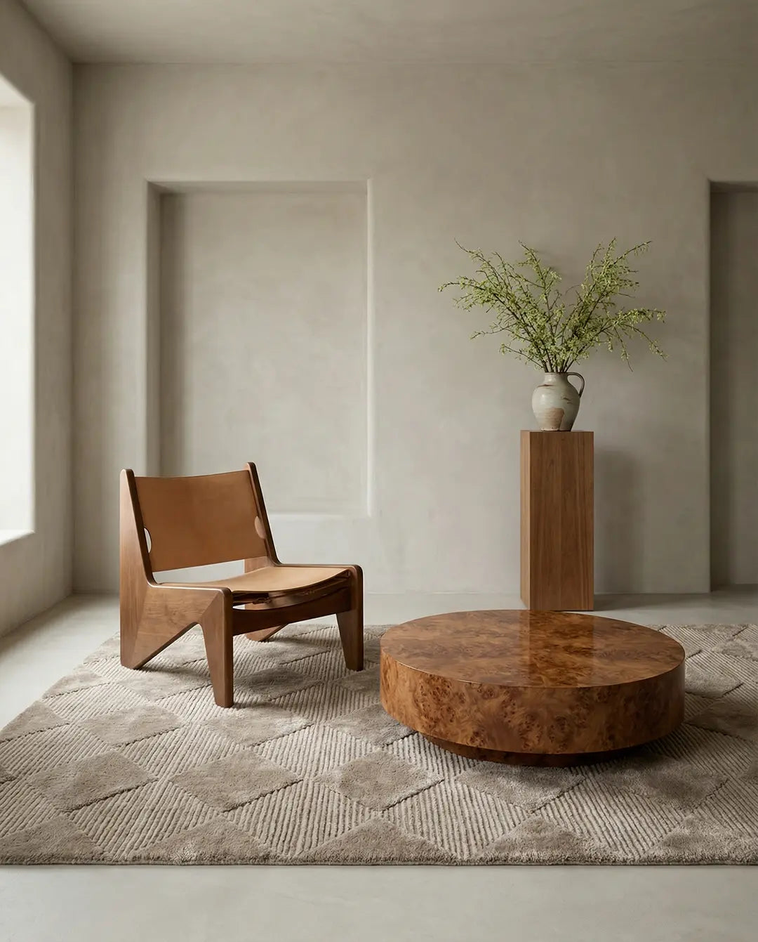 Modern tan leather lounge chair, round burl wood coffee table, and tall wooden pedestal on a geometric area rug.