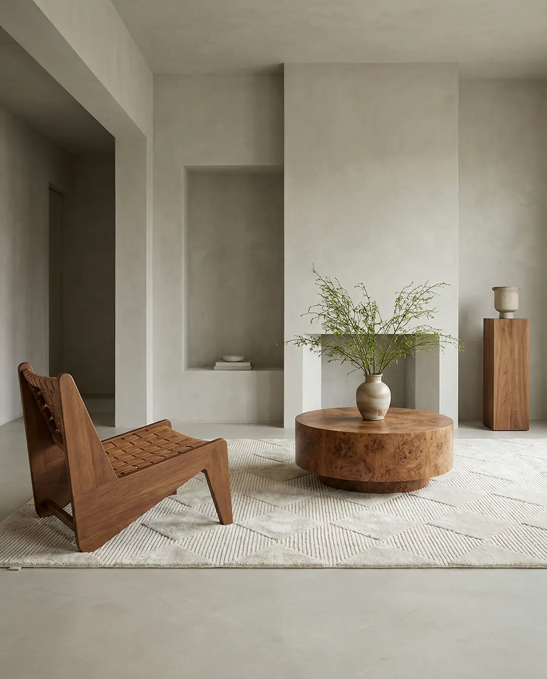 Modernt vardagsrum med rund soffbord i valnötsträ, en stilren fåtölj och en mönstrad beige matta i minimalistisk stil.
