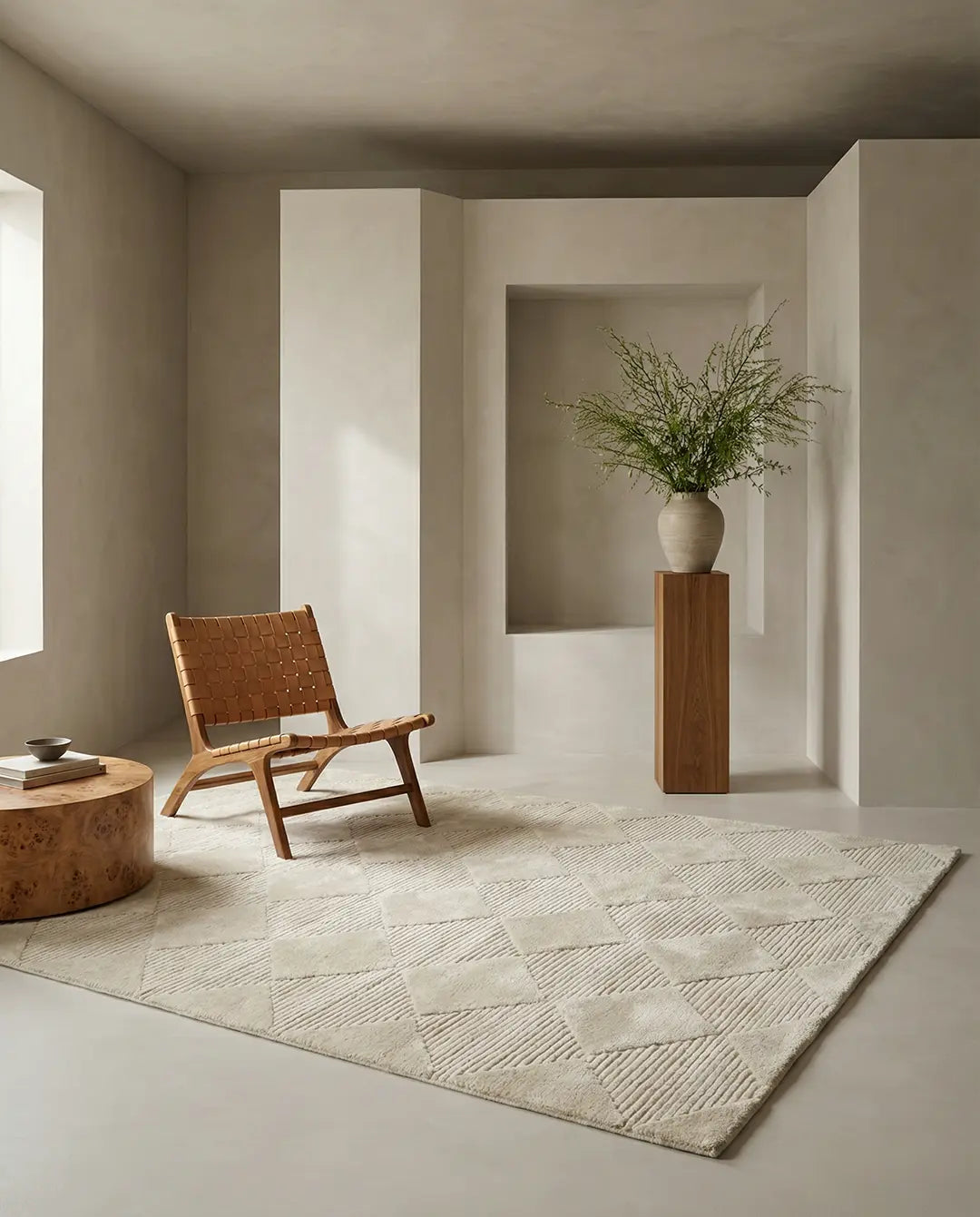 Beige matta med geometriskt mönster i vardagsrum med läderfåtölj och trädetaljer i skandinavisk stil.
