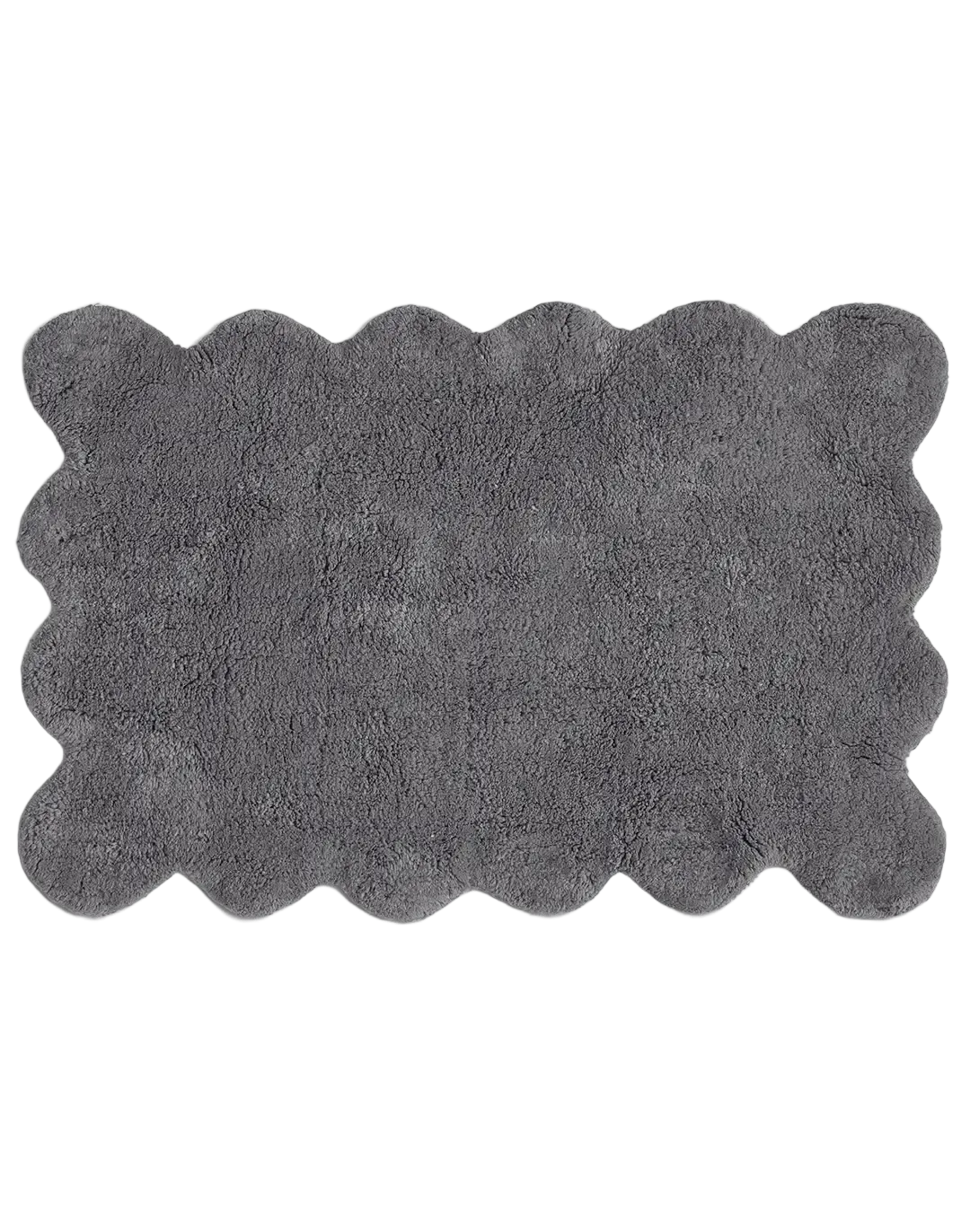 Badrumsmatta Clam i grå bomull, frilagd produktbild sedd uppifrån med mjuk yta och vågformad kant