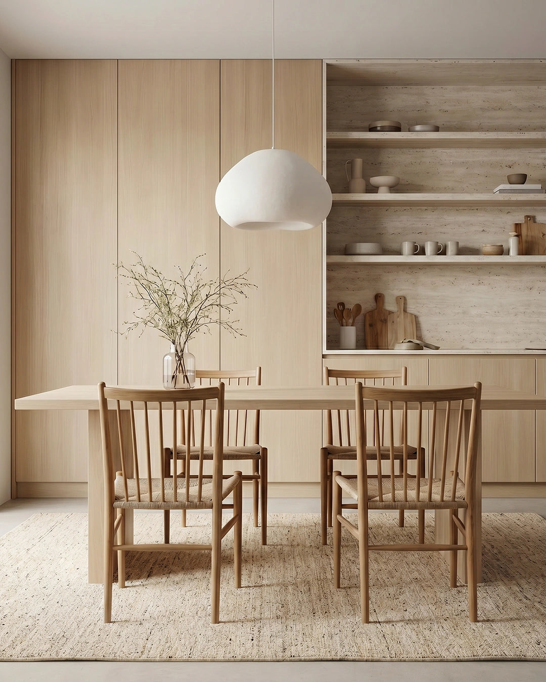 Matta Boucle Cream Beige under matbord i ljust trä, med ljus beige botten och diskret brun melering.