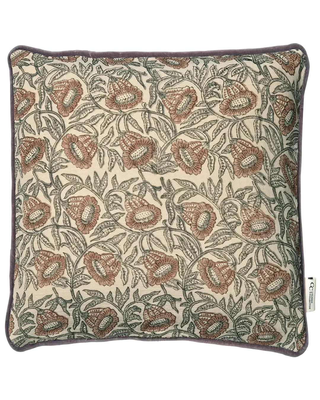 Kuddfodral Bell Mocha 50x50 cm i bomull med blockprint och passpoal i sammet.