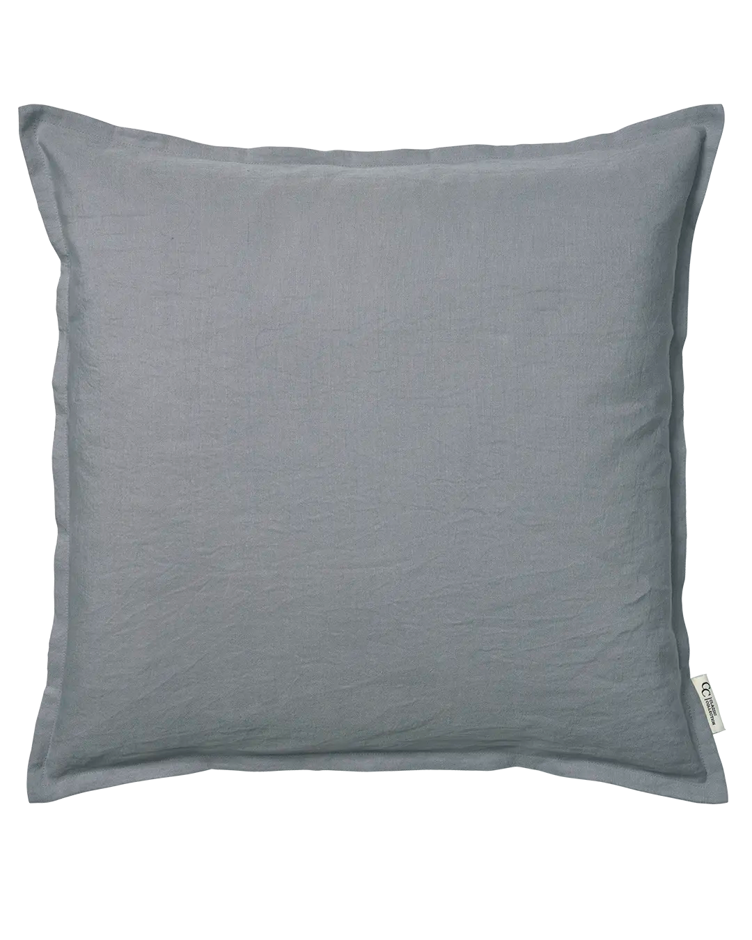 Kvadratiskt kuddfodral i grått linne med dekorativa kanter och diskret etikett från Classic Collection.