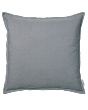 Square grey linen cushion cover with a decorative flange edge, featuring a minimalist design and textured fabric.
