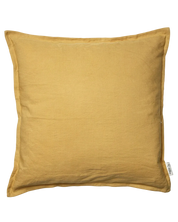Square mustard yellow linen throw pillow cover with a flanged edge and Classic Collection label.