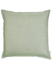 Square sage green linen throw pillow with a flange border, isolated on a white background.