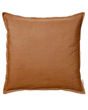 Square rust-colored linen decorative throw pillow with a flange edge and Classic Collection label.