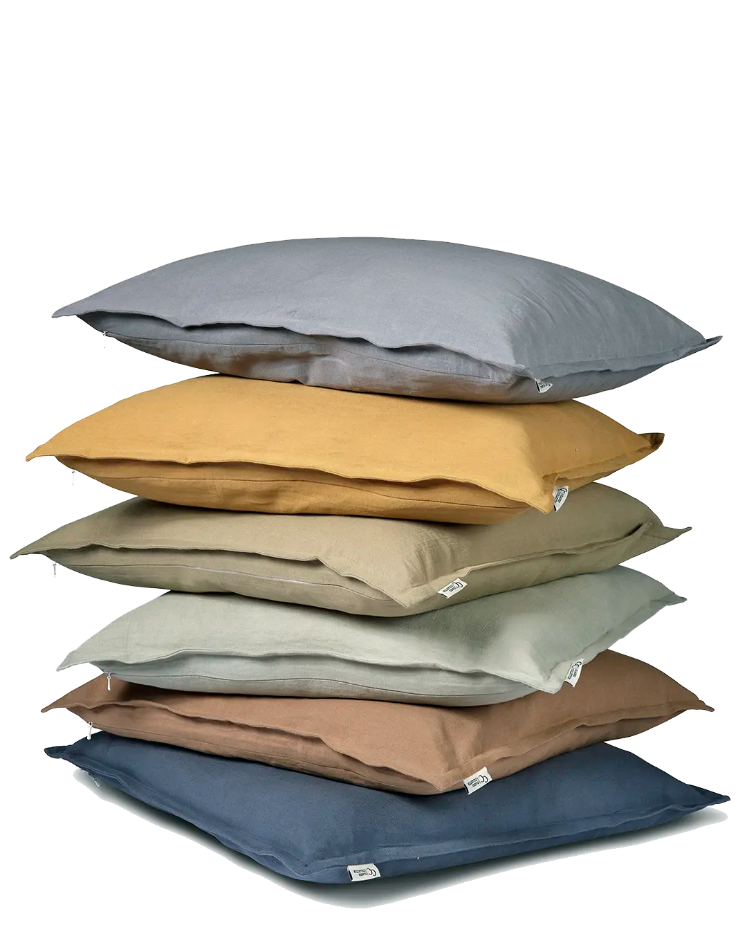 Stack of six square linen throw pillows in assorted neutral and earth tones on a white background.