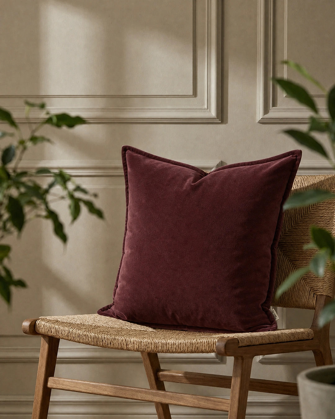 Kuddfodral Classic Velvet Burgundy från Classic Collection i mjuk sammet, 50x50 cm, placerat på en vävd trästol.