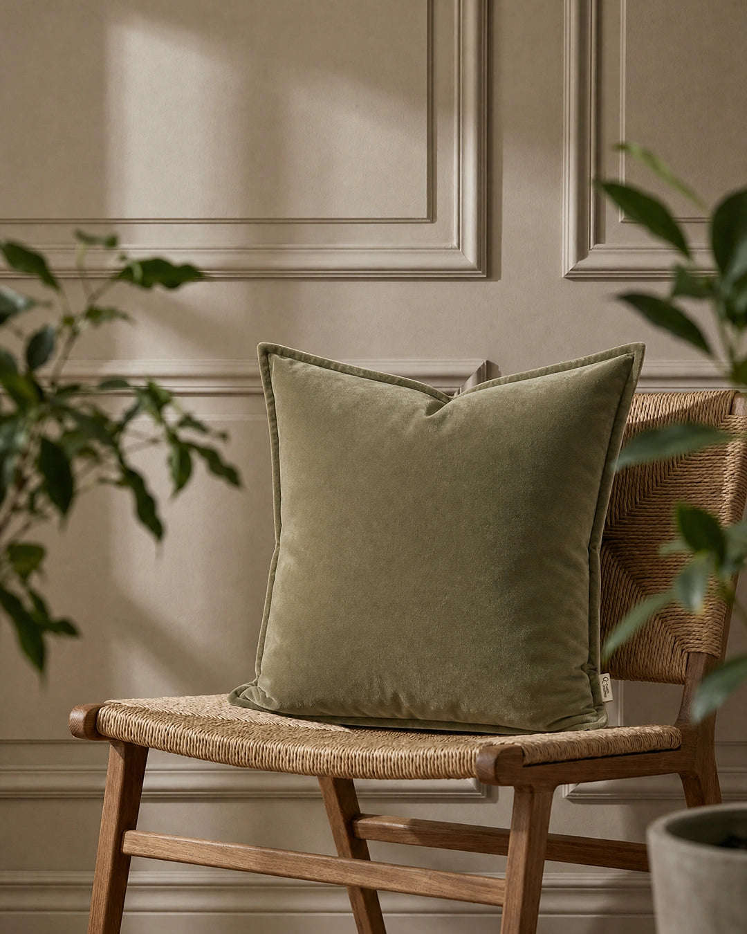 Kuddfodral Classic Velvet Grön från Classic Collection i mjuk sammet, 50x50 cm, placerat på en vävd trästol.
