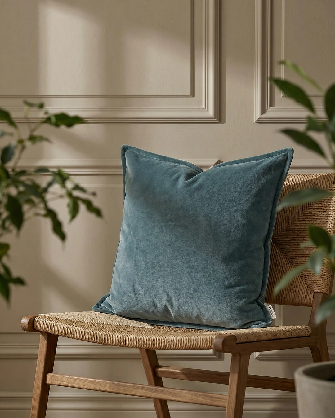 Kuddfodral Classic Velvet Teal från Classic Collection i mjuk sammet, 50x50 cm, placerat på en vävd trästol.