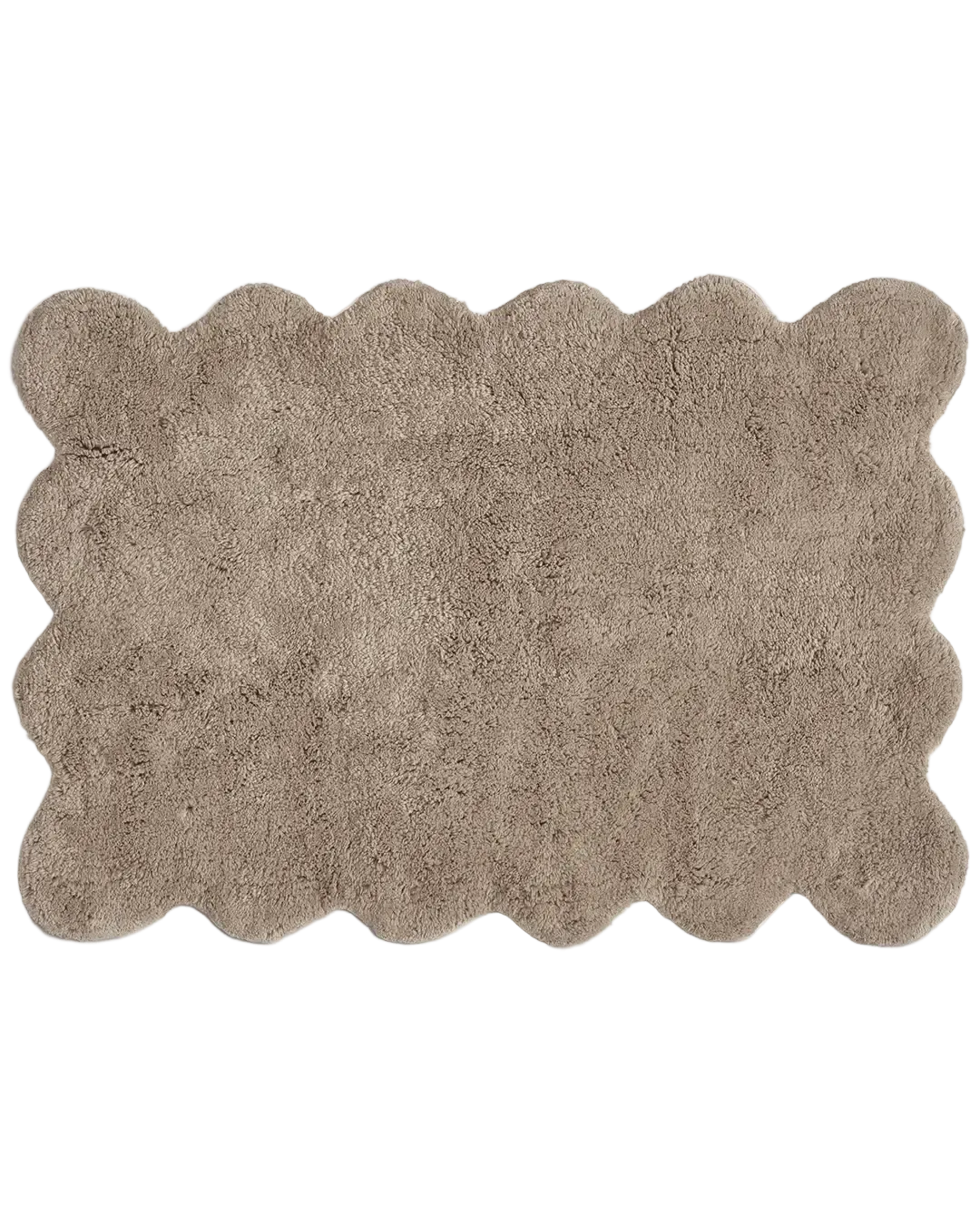 Badrumsmatta Clam i beige bomull, frilagd produktbild sedd uppifrån med mjuk yta och vågformad kant