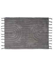 Grey rectangular cotton bath mat with a textured arch pattern and decorative fringe tassels on both ends.