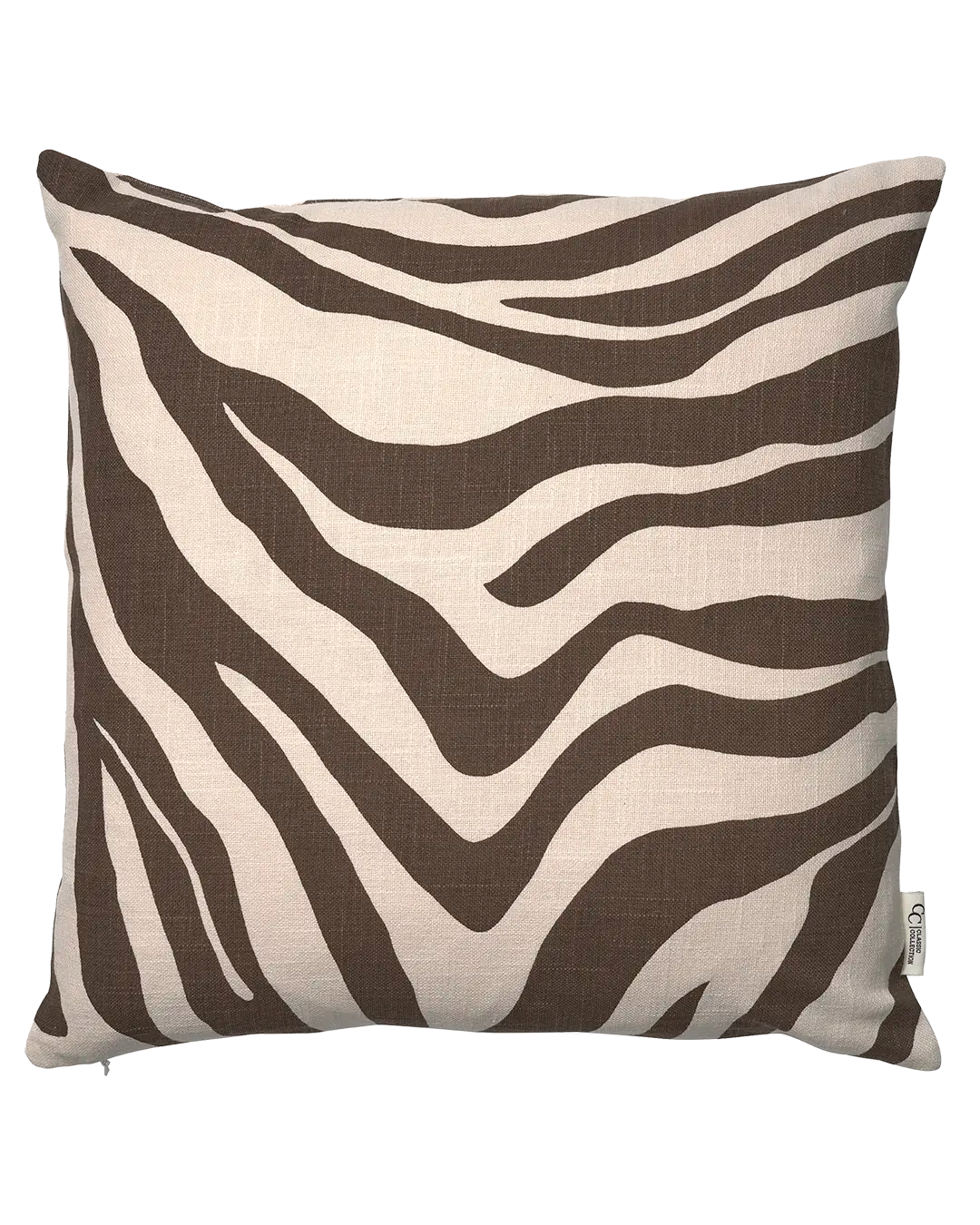 Square throw pillow with a beige and brown zebra animal print pattern on a textured linen-look fabric.
