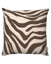 Square throw pillow with a beige and brown zebra animal print pattern on a textured linen-look fabric.