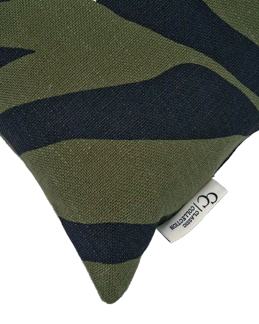 Olive green and navy blue textured linen cushion cover with a bold zebra stripe pattern and Classic Collection tag.