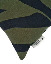 Olive green and navy blue textured linen cushion cover with a bold zebra stripe pattern and Classic Collection tag.