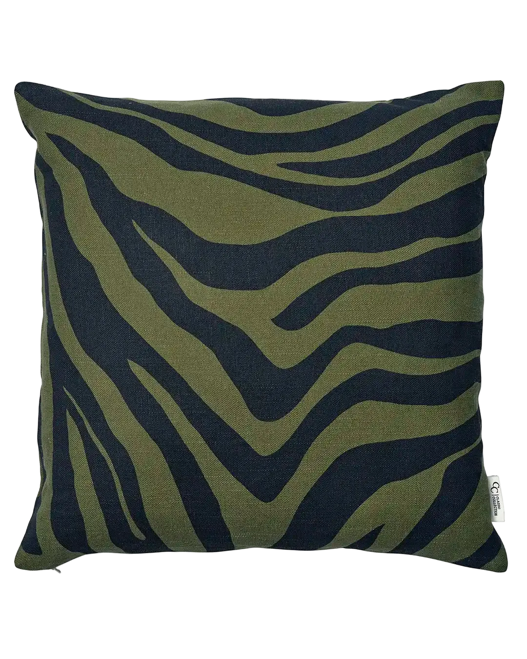 Square throw pillow with a black and olive green zebra animal print pattern in a textured fabric.