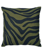 Square throw pillow with a black and olive green zebra animal print pattern in a textured fabric.