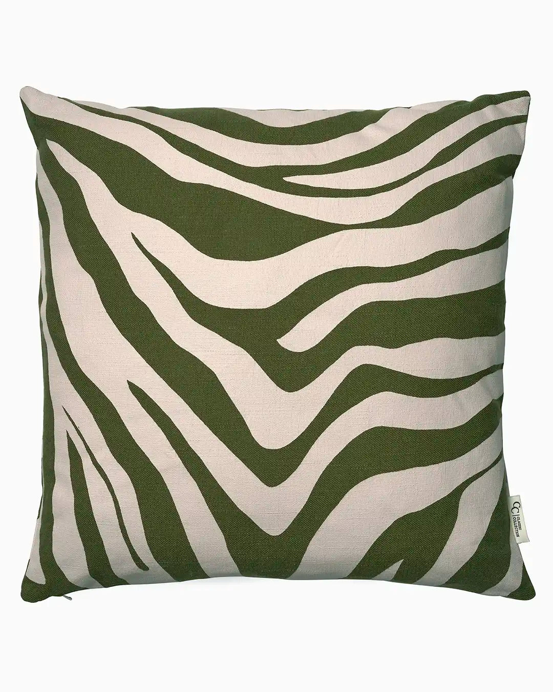 Square throw pillow with a sage green and off-white zebra print pattern in a soft woven fabric.