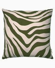 Square throw pillow with a sage green and off-white zebra print pattern in a soft woven fabric.