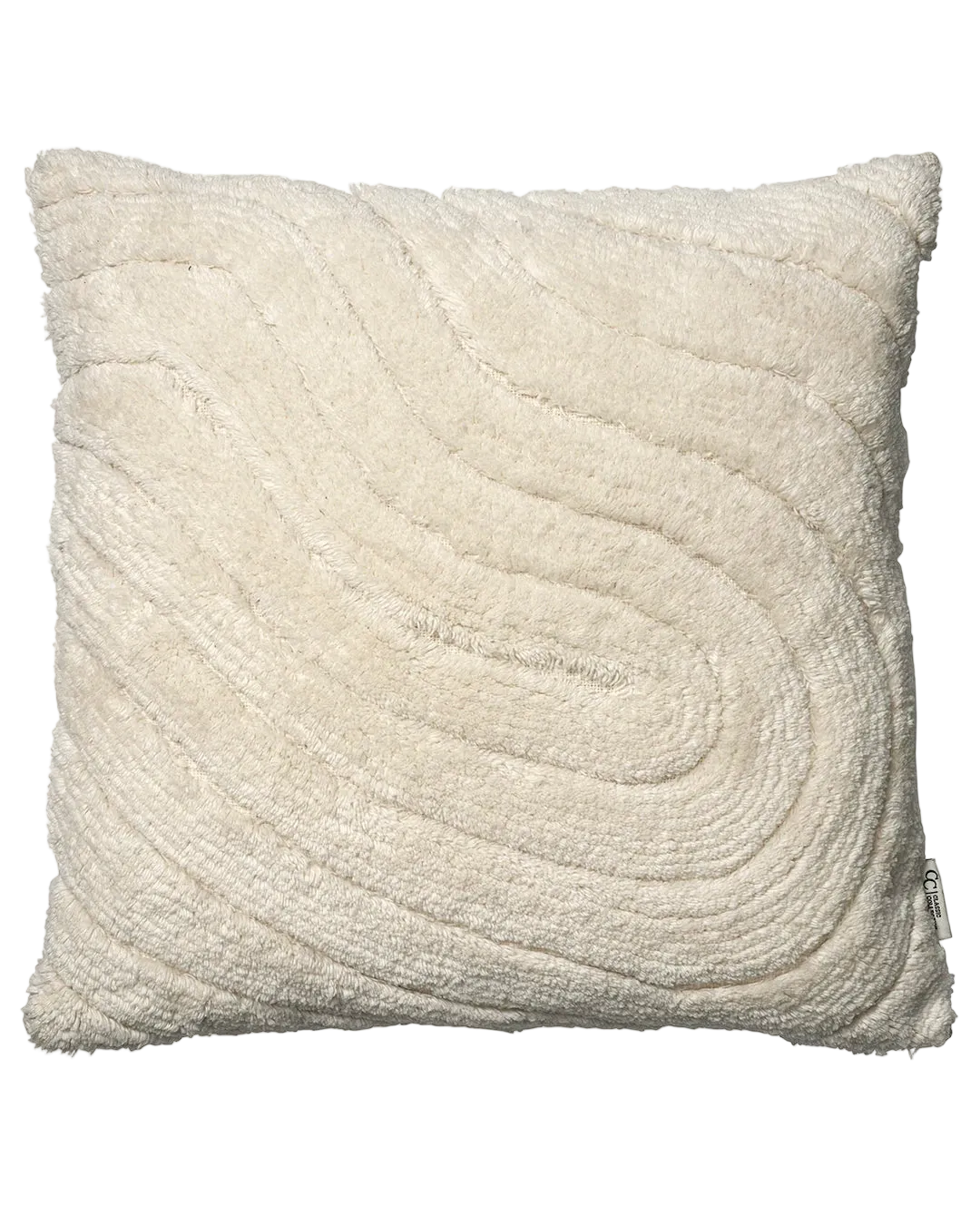 Kudde Swirl Off-white i ull med tuftat, böljande mönster i relief. Dekorativ kudde i offwhite med mjuk, upphöjd struktur och vävd botten, fotograferad rakt framifrån mot ljus bakgrund.