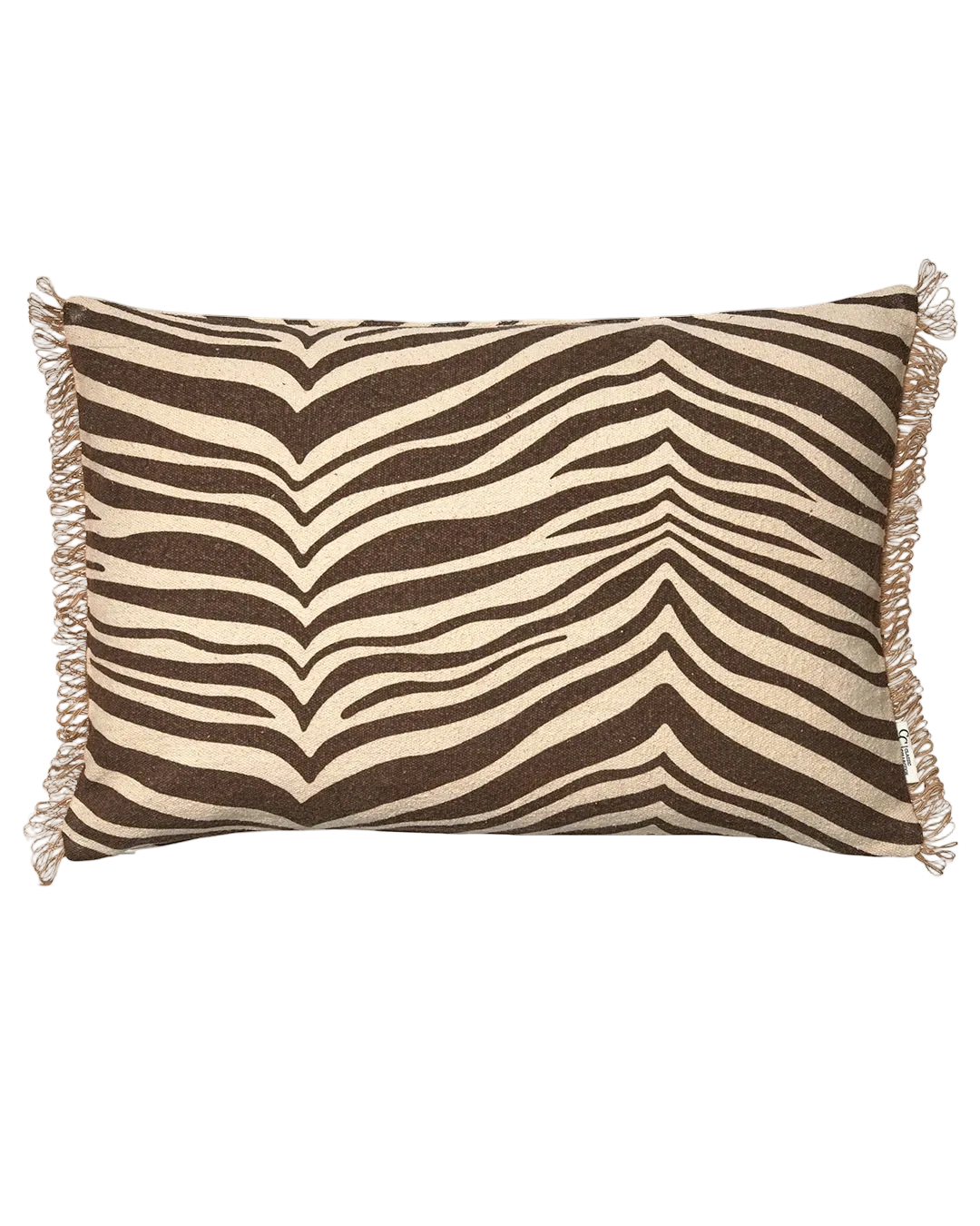 Kudde Zebra Brun 40x60 cm i bomull med zebramönster i brunt och natur, dekorativ frans i jute längs kanterna, frilagd produktbild mot ljus bakgrund.