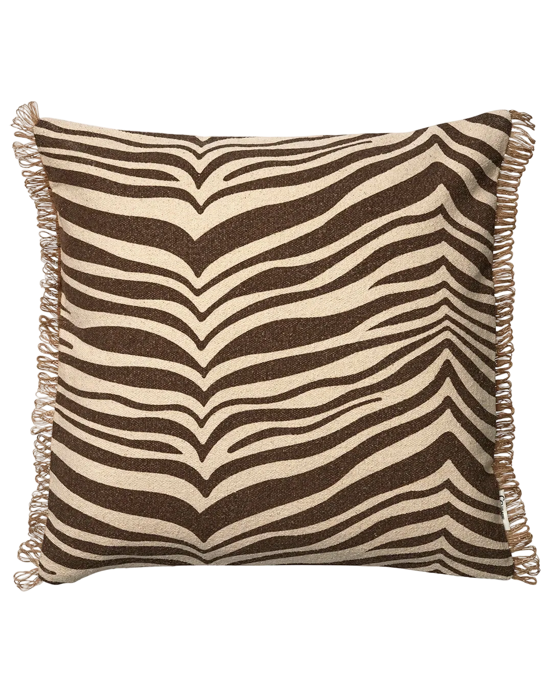 Kudde Zebra Brun 50x50 cm i bomull med zebramönster i brunt och natur, dekorativ frans i jute längs kanterna, frilagd produktbild mot ljus bakgrund.