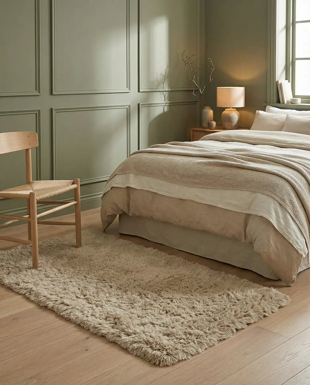 Beige shaggy area rug on light wood flooring in a cozy bedroom with sage green paneled walls and linen bedding.