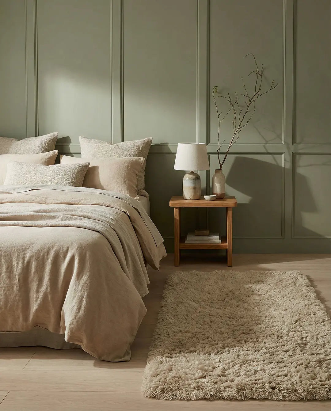 Beige linen bedding set with textured pillows and a matching plush shag rug in a sage green bedroom.