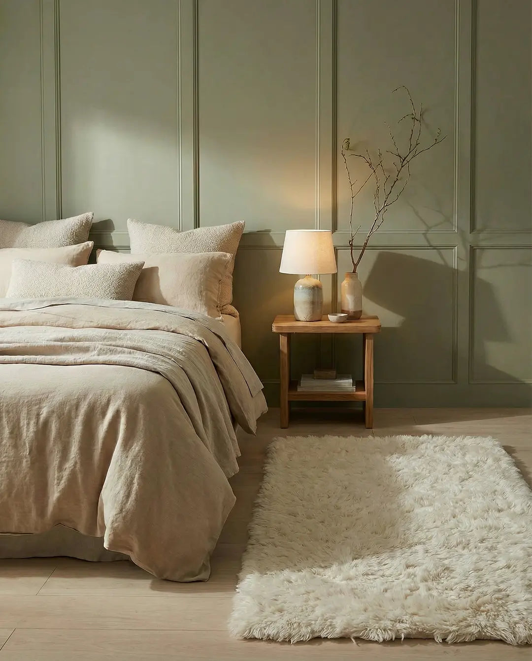Beige linen bedding set in a serene bedroom with sage green wall paneling, wooden nightstand, and cream faux fur rug.