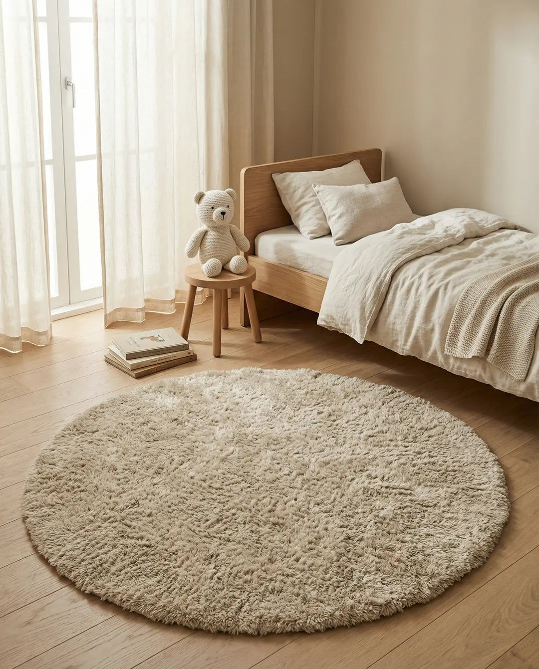 Rund, beige matta i mjukt material placerad på ett trägolv i ett inrett sovrum.