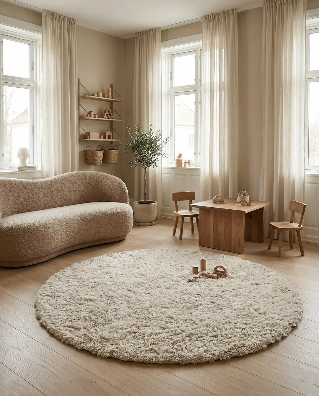Rund, beige, långhårig matta i ett ljust vardagsrum med böjd soffa, trämöbler och trägolv.