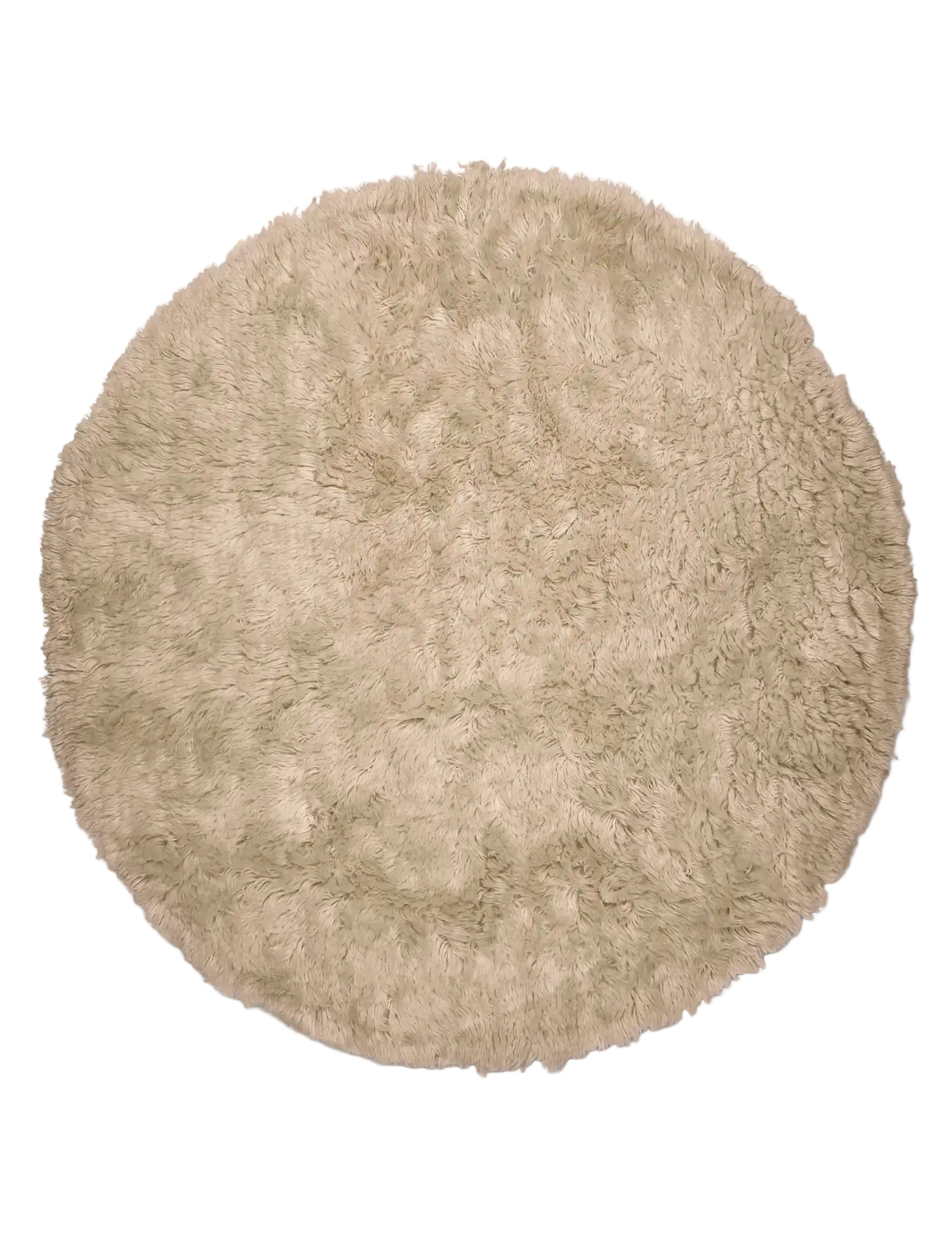Rund ullmatta Cloudy i beige färg, rya, frilagd produktbild sedd uppifrån med tät och mjuk lugg.