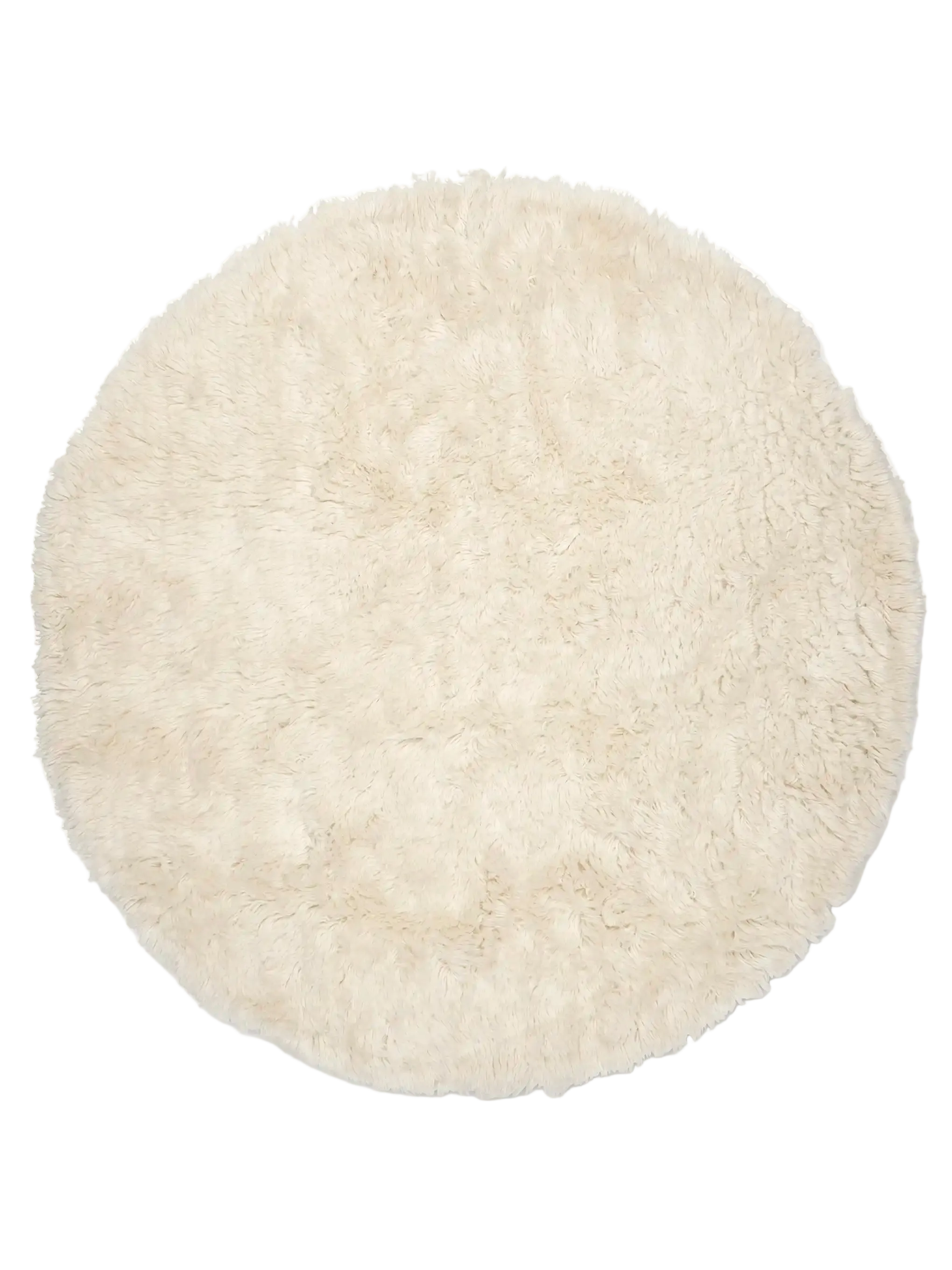 Rund ullmatta Cloudy i vit färg, rya, frilagd produktbild sedd uppifrån med tät och mjuk lugg